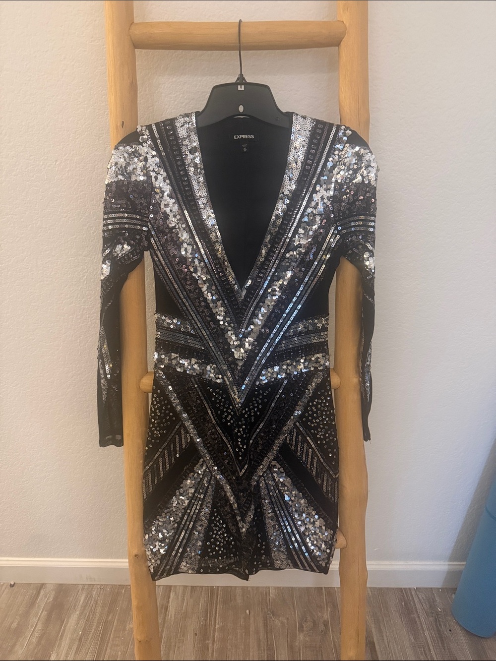 Express Black & Silver Sequin Plunge Mini Dress